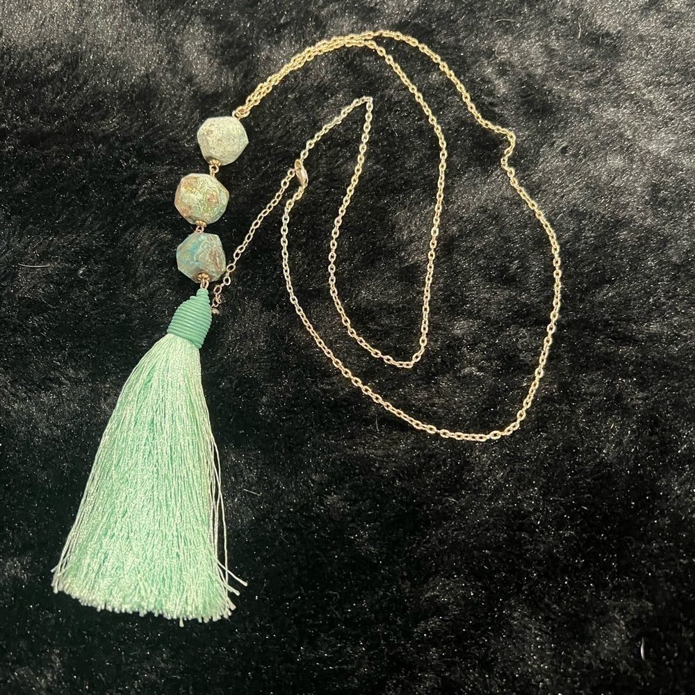 Turquoise Fringe Tassel & Stone Necklace 22”
